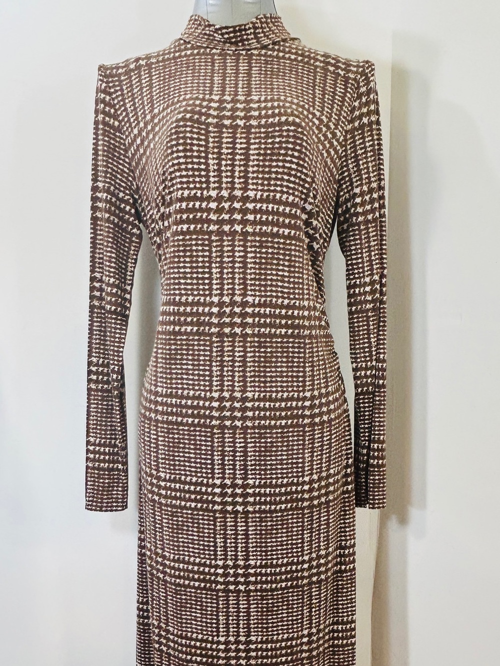 LOFT Brown and Cream Plaid Long Sleeve Midi Knit Dress